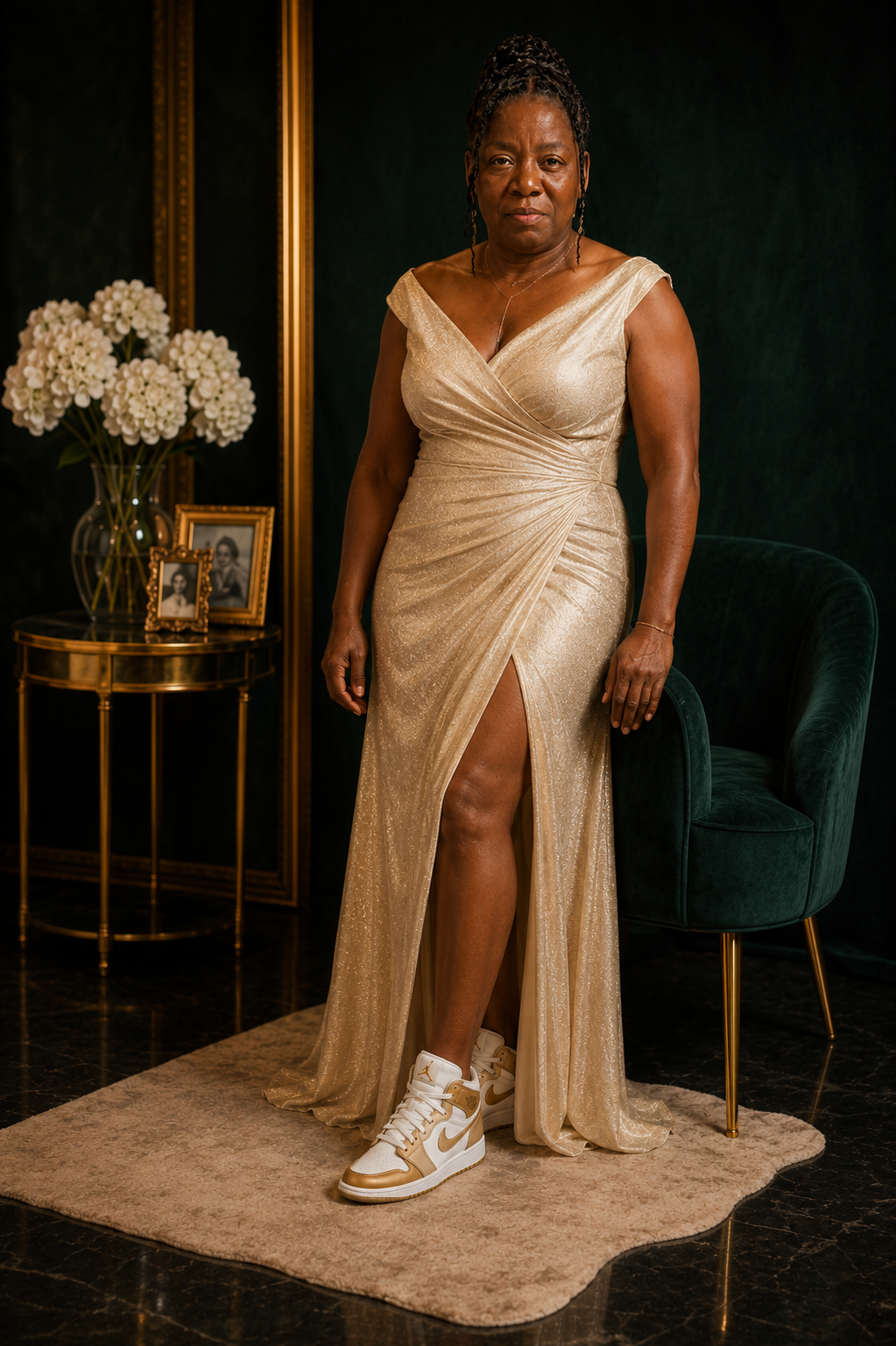Auguree in a gold gown — elegance and joy